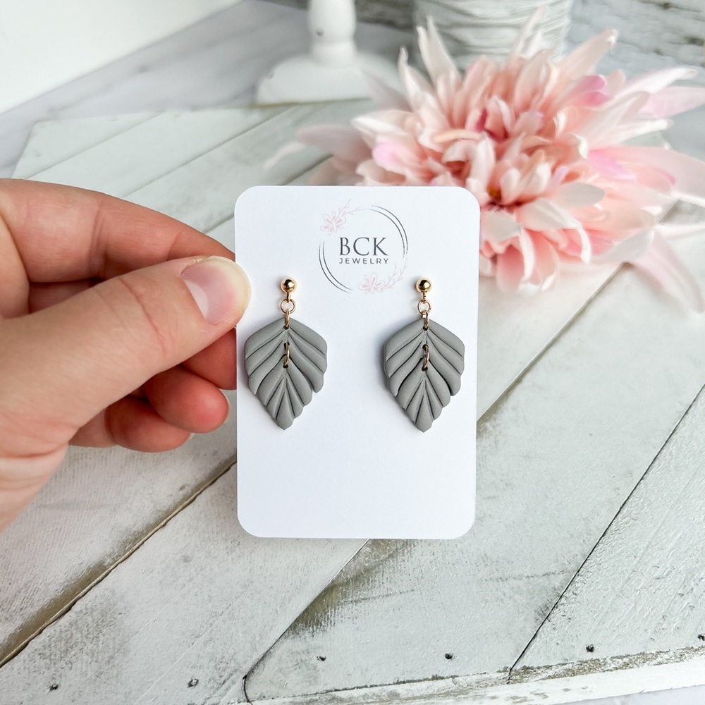 Gray Leaf Earrings handmade with polymer clay